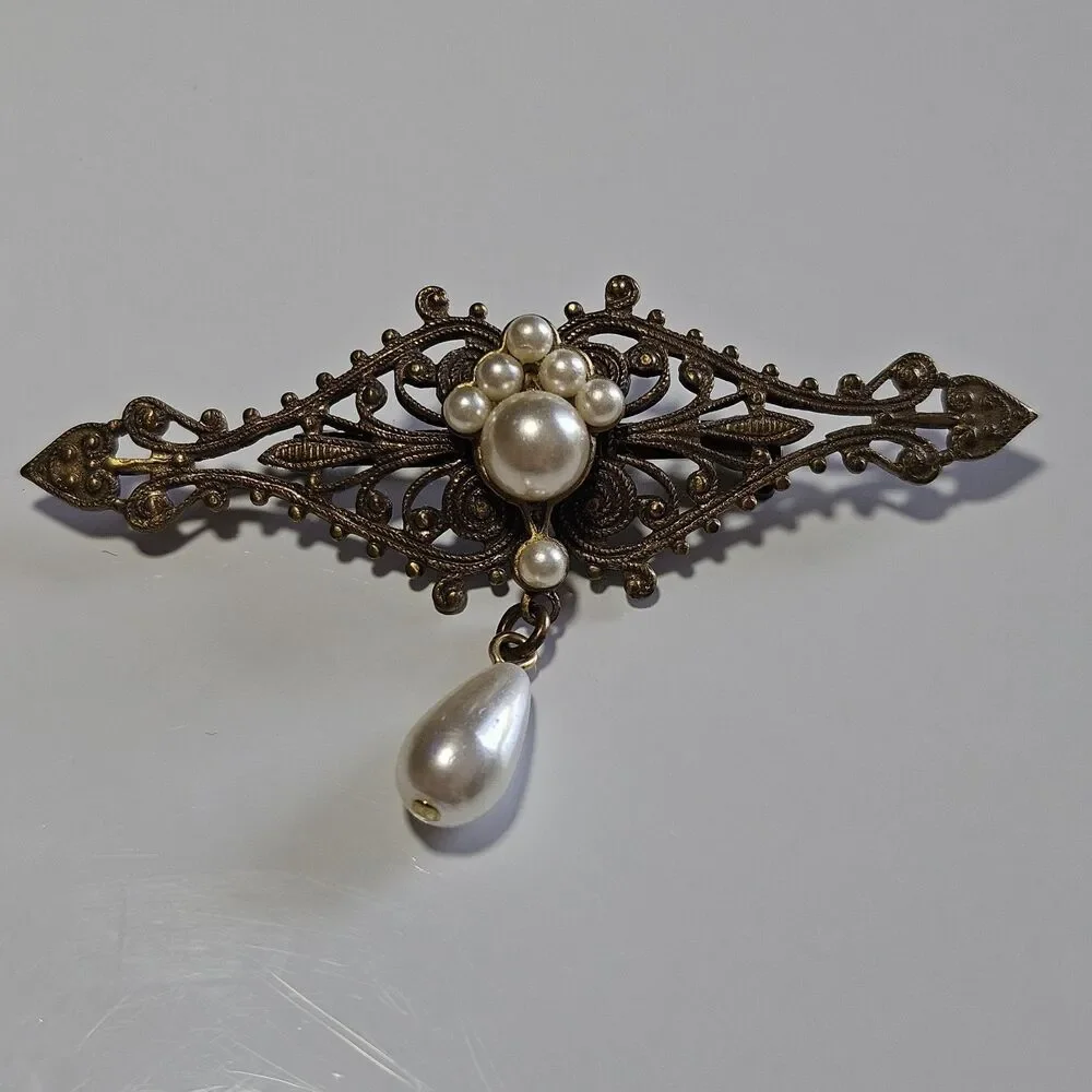 Vintage Victorian Style Filigree & Pearls Pearl Drop Brooch Gilded Brass Metal